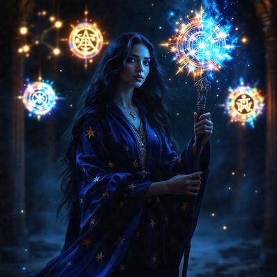 The primary subject of the image is a woman dressed in a blue robe, holding a wand. She is standing in front of a backdrop featuring a starry night sky. The visual style of the image is a digital art or illustration, with the woman and the background being the main focus of the scene. The colors and mood of the image are predominantly blue, creating a serene and magical atmosphere.